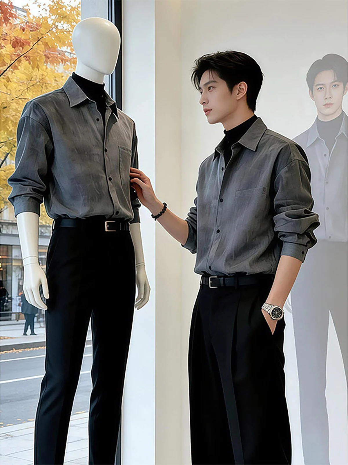Cleanfit Deep Grey Long Sleeve Men's Shirt Loose Fit Shoulder Drop Casual Outerwear Layering Shirt Autumn Style Casual Shirt