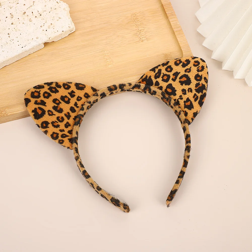 AWAYTR Plush Cat Ears Headband Vintage Leopard Print Hair Hoops Cute Festival Accessories Fashion Ribbon for Hair Hair Hoop