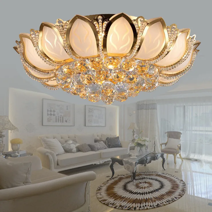European Luxury Lotus Crystal Ceiling Light, Gold Floral Ceiling Lamp, Living Room Bedroom Lighting, Luxurious Home Decor