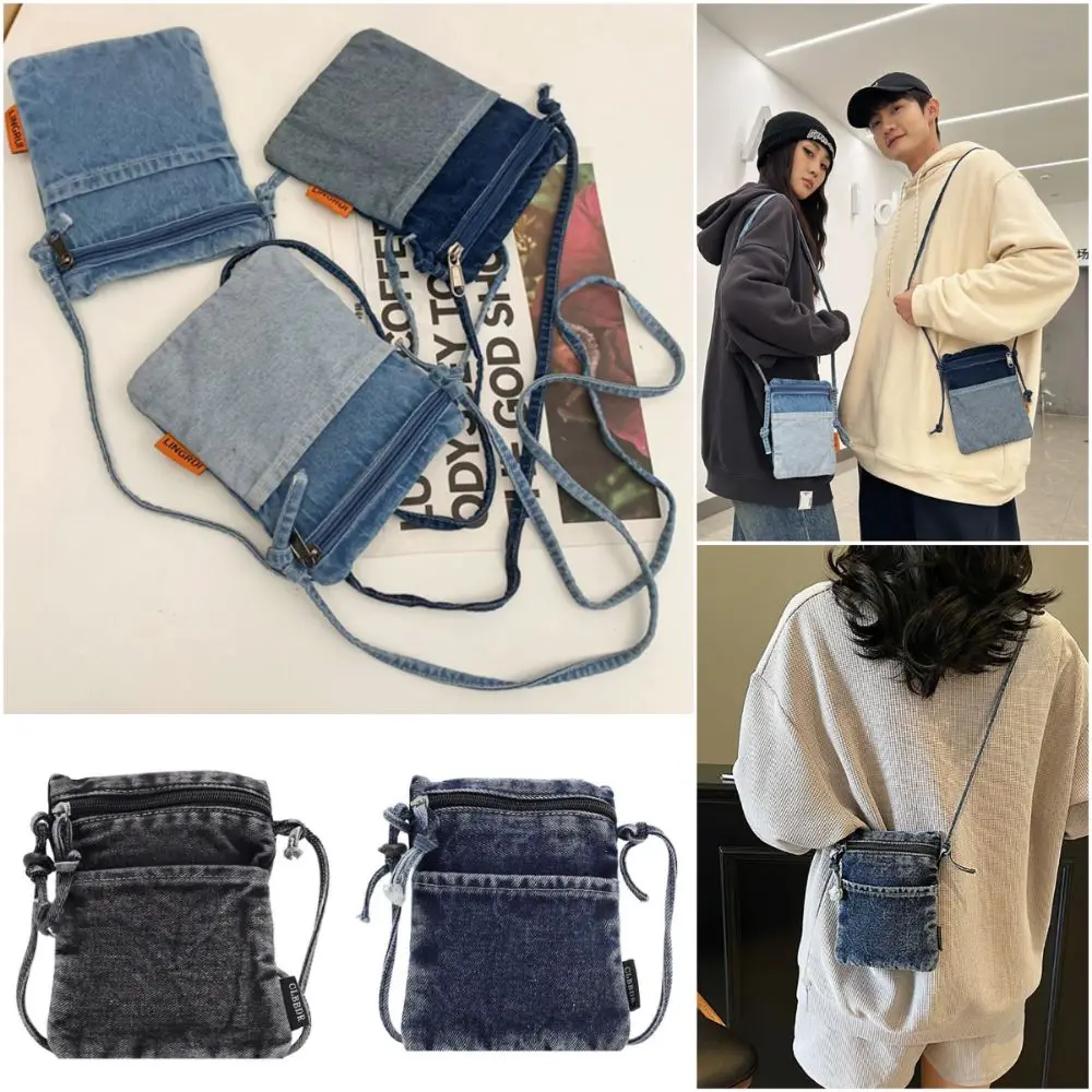 Versatile Denim Phone Bag Blue Zipper Clouse Crossbody Bag Long Strap Shoulder Bag Unisex