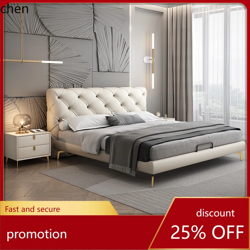 

HT Light Luxury Genuine Leather Modern Simple Double Master Bedroom 1.8m Wedding Bed Wabi-Sabi Style Soft Bed