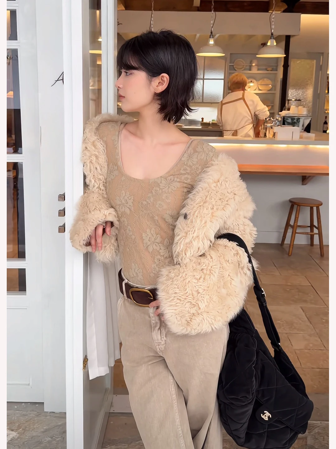 Retro Koreanische Sle Spitze Lange Sve U-Ne-Stück Herbst Winter Abnehmen Design Vielseitige Basis irt frauen Faion