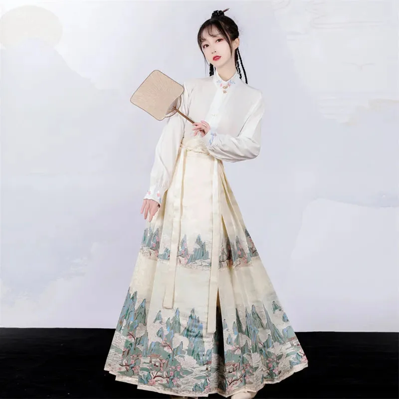 Женская юбка Hanfu с изображением лошади, традиционная китайская винтажная женская рубашка и юбка, красного, черного и бежевого цвета, лето 2023