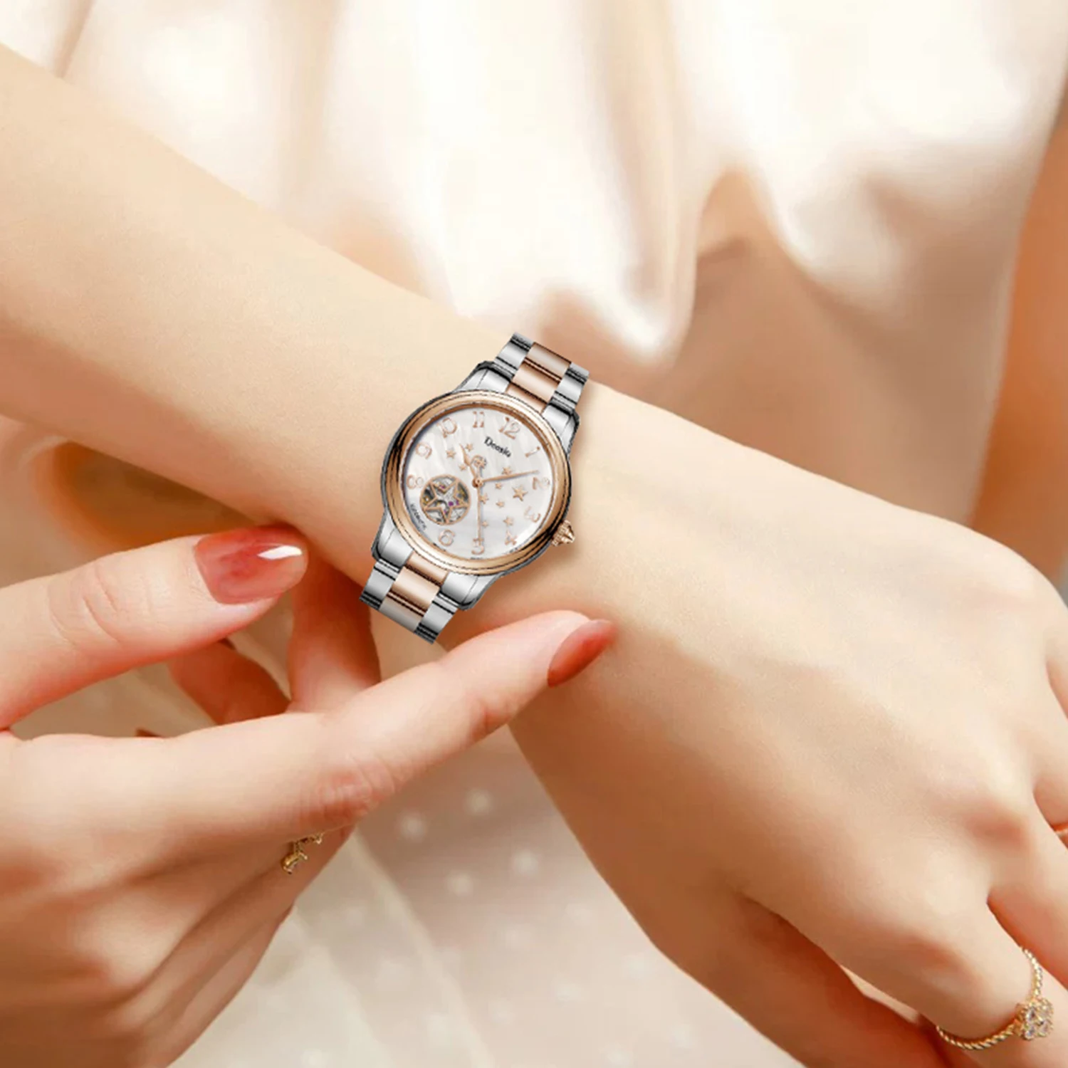 Deesio Women‘s Automatic Mechanical Watch Starry Sky Skeleton Dial Stainless Steel Band 50M Waterproof Dress Watch Gift for Her