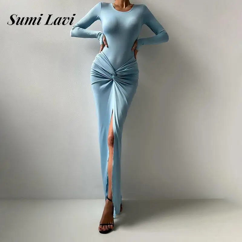 2024 Fashion Draped Split Party Dress Elegant O-neck High Waist Bodycon Dress Women Casual Long Sleeve Solid Color Long Dresses