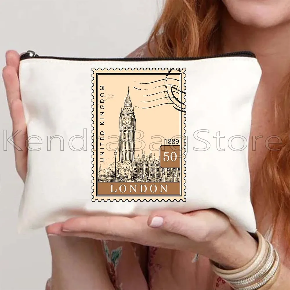 London New York Paris Pharaoh Egypt Rome Italy Postages Stamps Art Cute Gift Canvas Cosmetic Makeup Bag Pencil Case Zipper Pouch