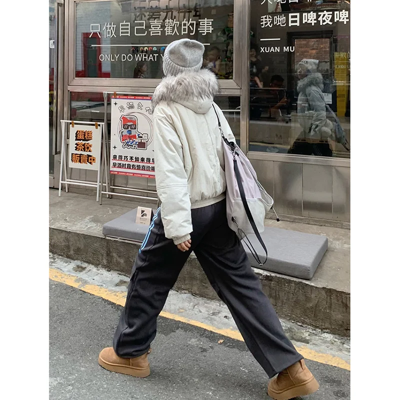 Chaqueta de plumón de pato con capucha para mujer, abrigo corto con cuello de piel, estilo americano, para mantener el calor, color caqui, para