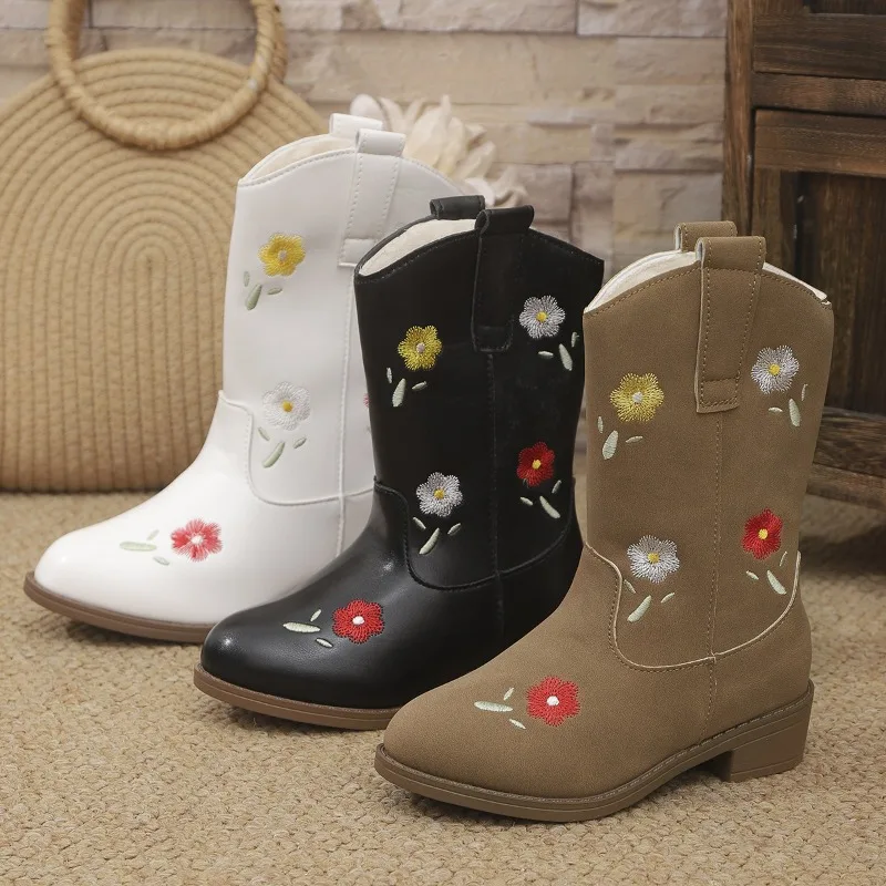 

Autumn Winter New Children Mid-calf Boots Sweet Elegant Girls Fashion Embroidered Boots Causal Kids Pointed Toe Leather Boots