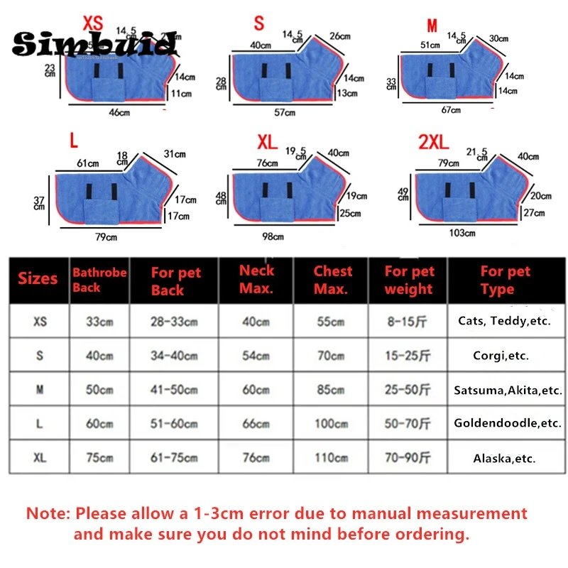 Pet Bathrobe Adjustable Absorbent Towel for Large Medium Small Dog Super Fast Drying Moisture Bath Robe