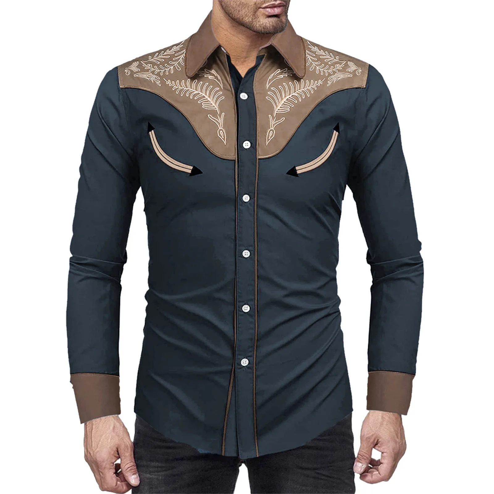 

2025 Trendy Western Cowboy Men's Shirt Top Fashion Long Sleeve Slim Shirt Print Personality Men Clothing Social Shirt For Men