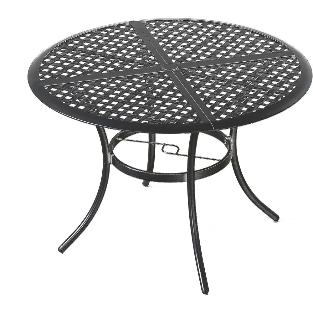 

Dining Side Coffee Outdoor Patio Bistro Metal Sturdy Steel Legs Wrought Iron Round Table with 2.04''Umbrella Hole Grid Slatted