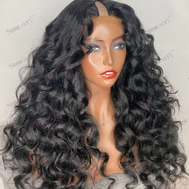 Deep Loose Wave Natural Black Remy Human Hair 1x4 Size Middle U Part Wigs for Black Women Glueless Easy Wear Adjustable V Part