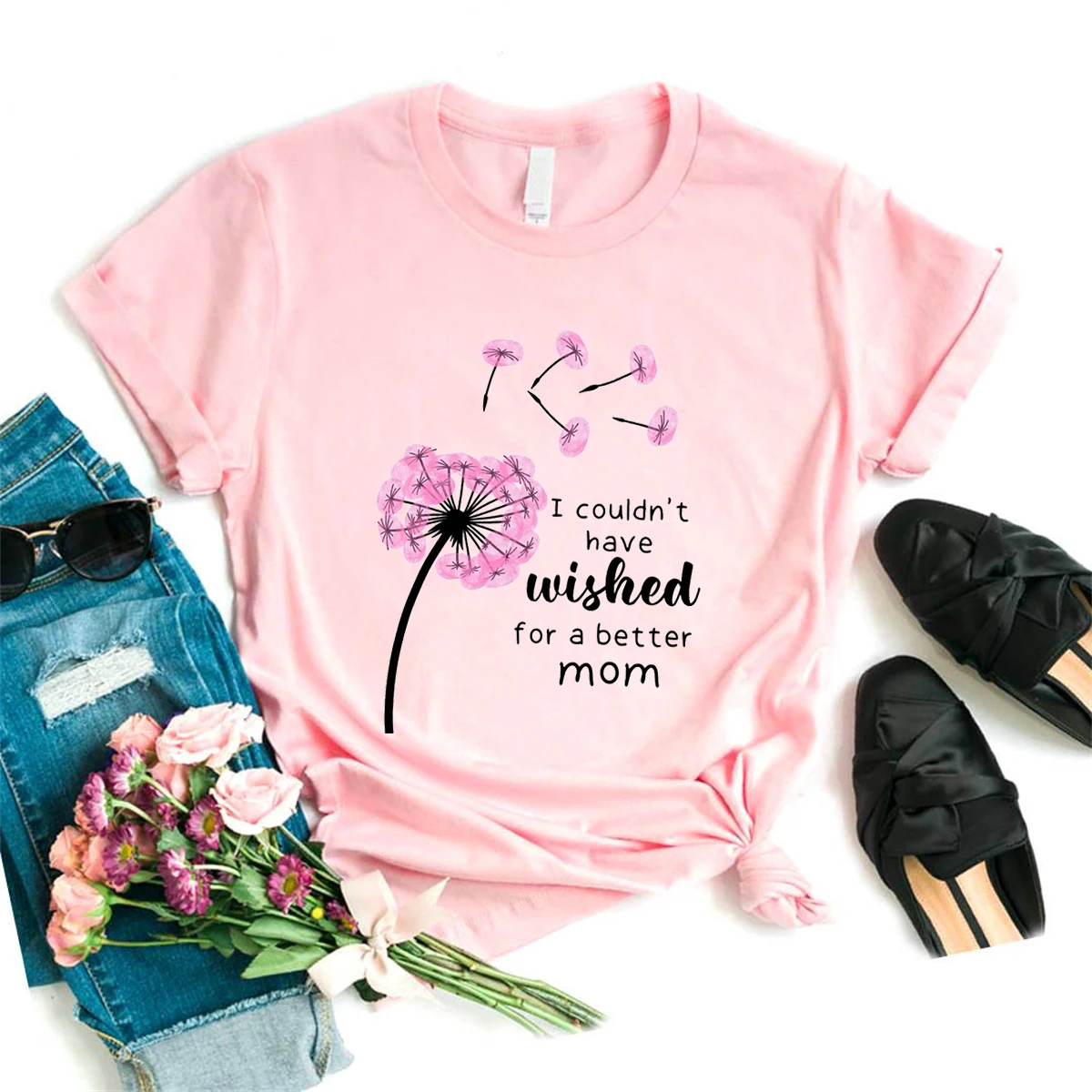 I Could'T Wish For A Better Mom Pink Dandelions Printed Tshrit Women Mother'S Day Gifts Super Mom T-Shirt Femme Summer Tops