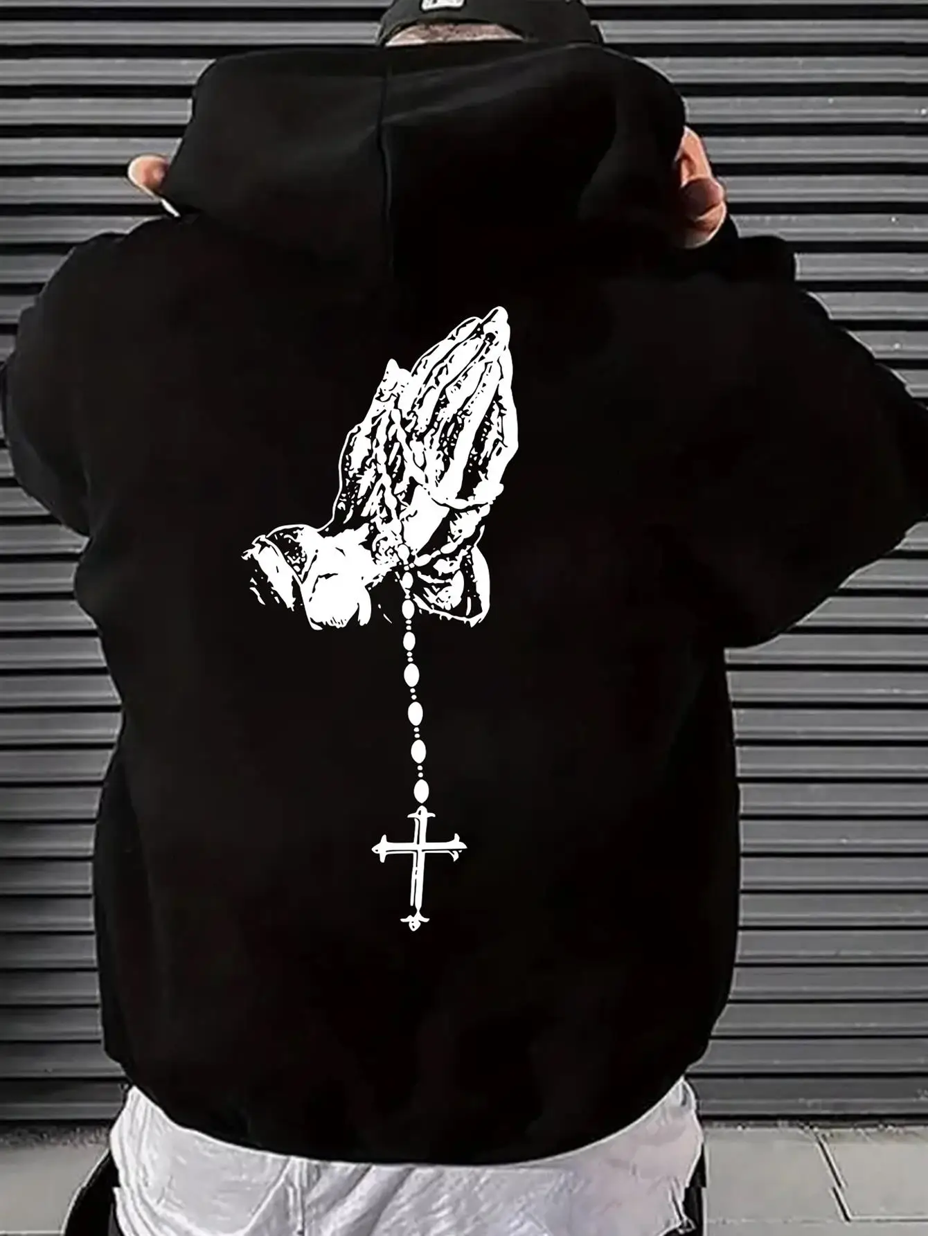 Herren-Kapuzenpullover mit Gothic-Engelsflügel- und Kreuzmuster |   Langarm-Freizeitpullover mit Brusttasche, normale Passform, mittelgroß