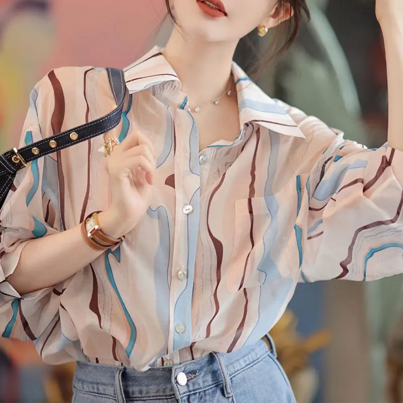 Korean Contrasting Colors Printed Blouse Single-breasted Women's Clothing Pockets Spliced Spring Autumn Long Sleeve Lapel Shirt