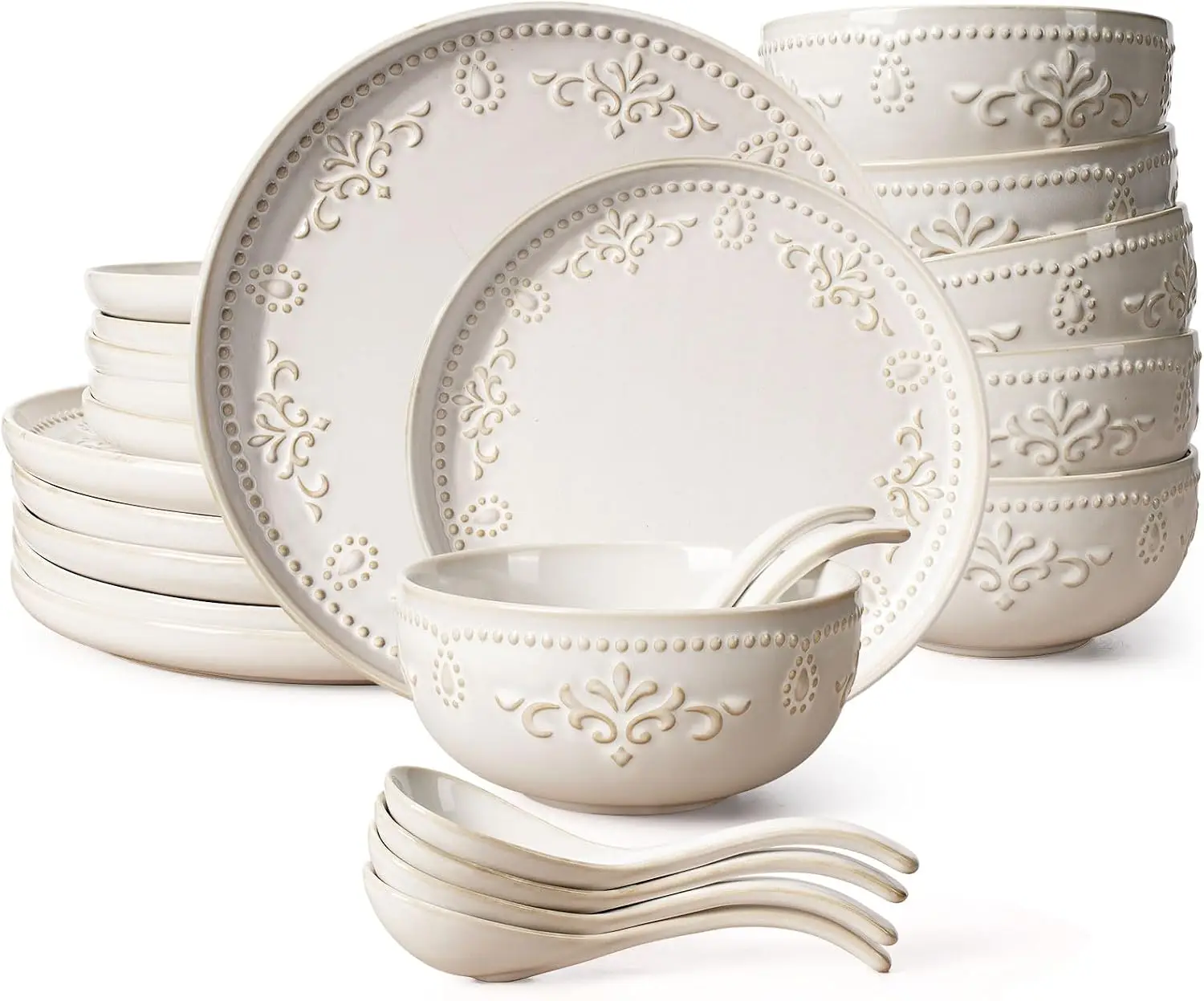 Plates And Bowls Sets, 24 Pieces Dinnerware Sets, Dish Set For 6, Ceramic Kitchen Bowl And Plate Set, Embossed White Dishware Se