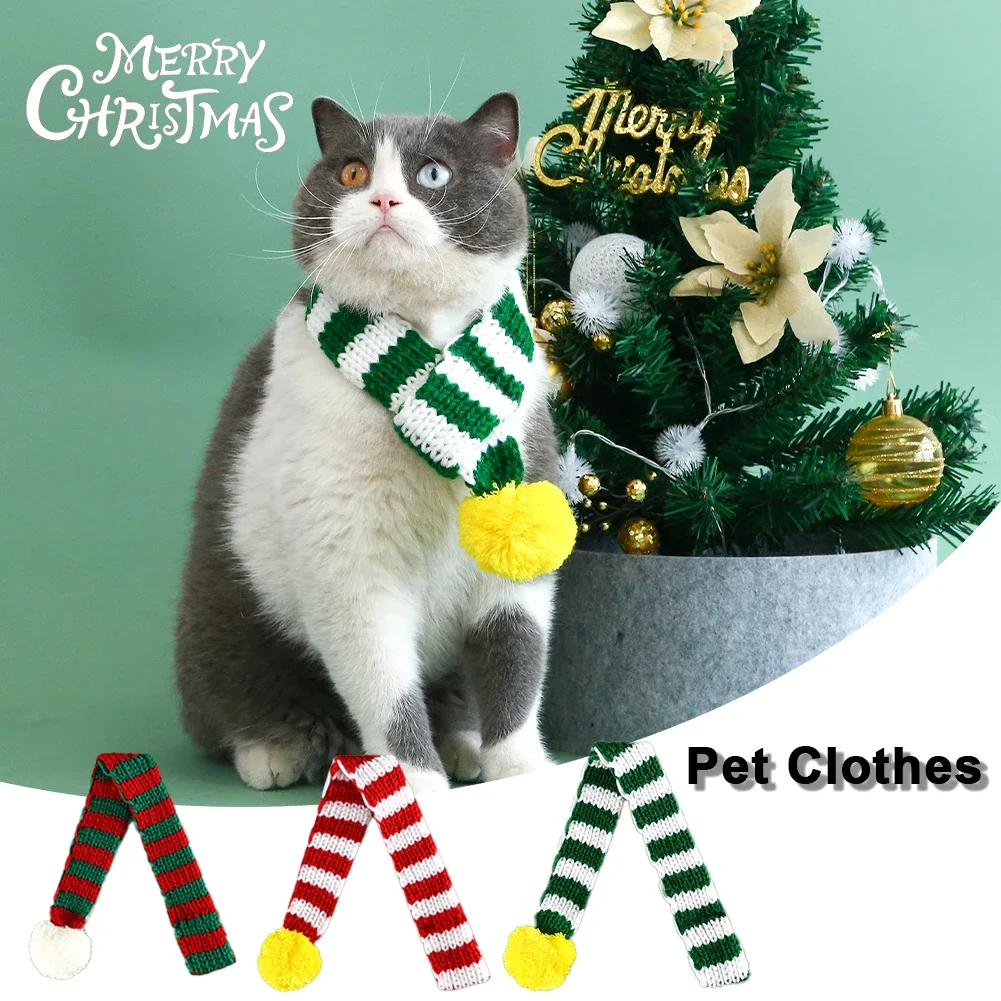 Pet Knitted Wool Striped Christmas Scarf Cat Dog Santa Tree Adjustable Collar Bib Warmer Kitten Puppy Accessories Pet Supplies