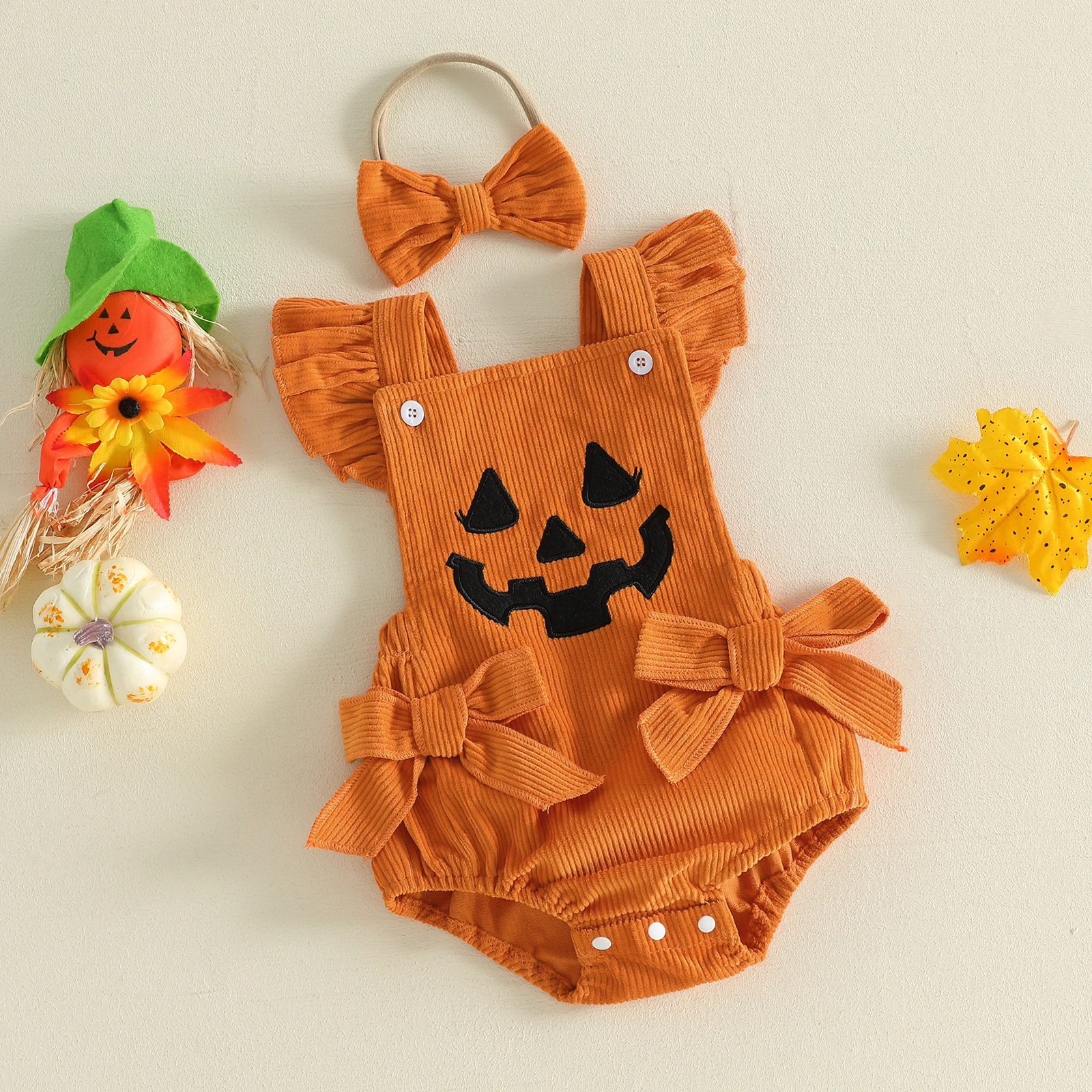Baby Girl Halloween Bodysuits Outfit Devil Face Pattern Bows Ribbed Flying Sleeve Corduroy Romper Bow Headband 2 Pcs Set