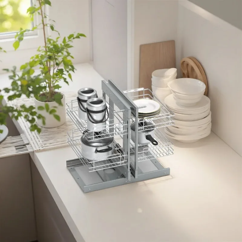 15inch Wide-Opening Blind-Angle Pull-Out Storage Rack, Two-Tier Four-Compartment Kitchen Cabinet Storage Rack, Chrome-Plated