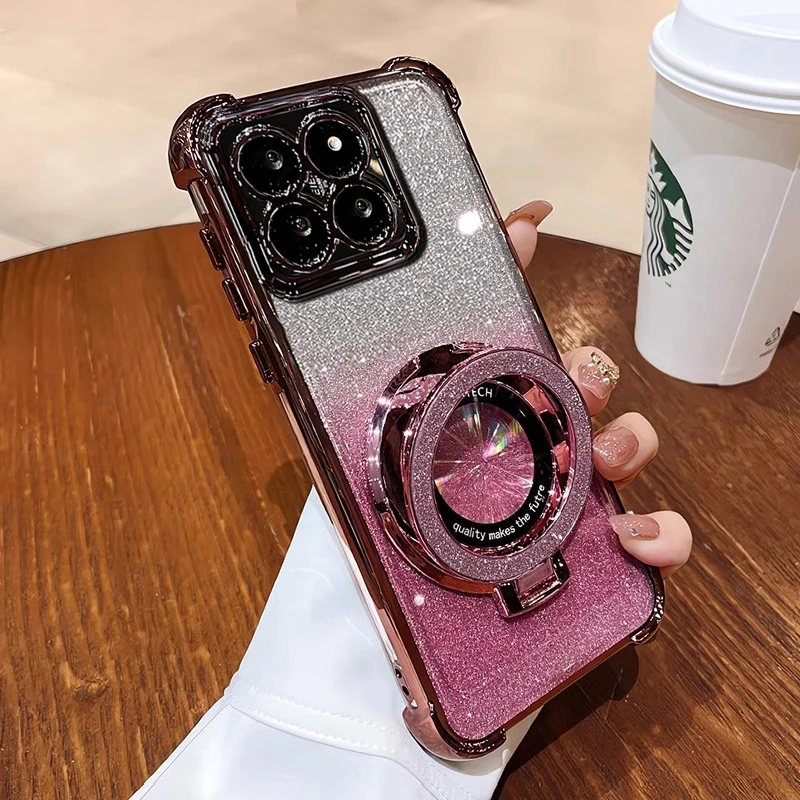 For Xiaomi 14T / 14T Pro Case Glitter Ring Holder Camera Protection Luxury Plating AirBag Soft Silicone Shockproof Back Cover