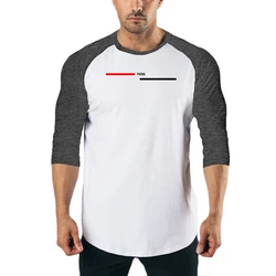 Fitness Sports Three Quarter Sleeve Shirts Cotton Patchwork Gym Bodybuilding Workout T-shirts Men's Slim Fit Running Tee Tops