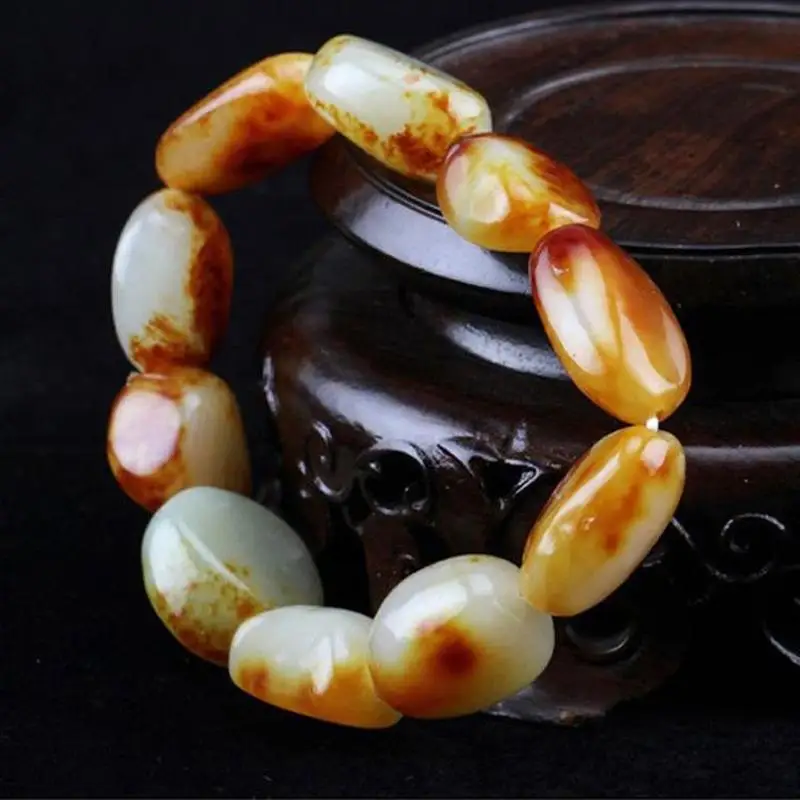 Hetian Jade Men Women, With Natural Stone And Leather, Yellow Jadeite Loose Beads Bracelet