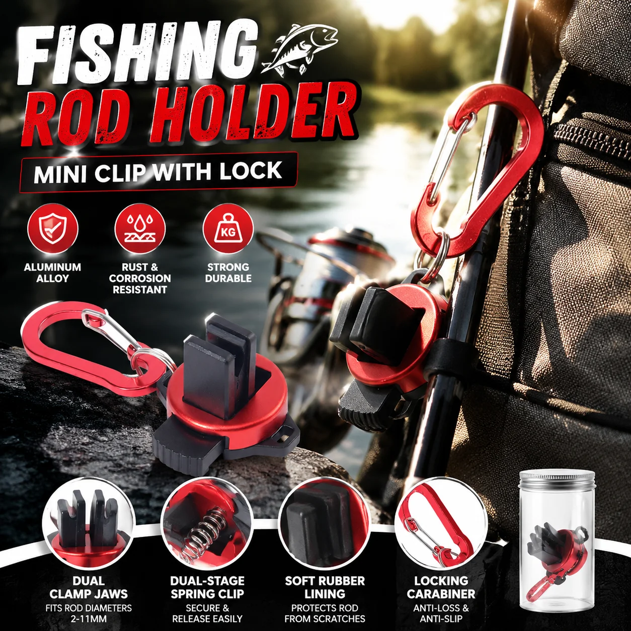 Mini Locking Fishing Rod Holder Clip With Anti-Loss Carabiner Aluminum Alloy Dual Spring Clamp Soft Rubber Lining For 2-11mm Rod