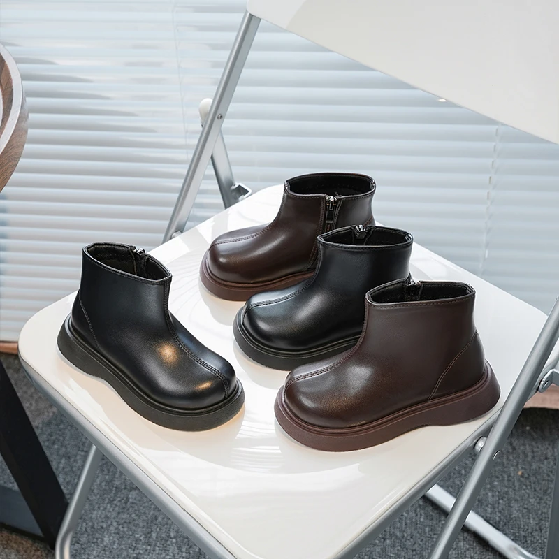 

Детские ботильоны с боковой молнией, кожаные ботинки для девочек с круглым носком, однотонные, осень-зима 2022, детские короткие модные ботинки
