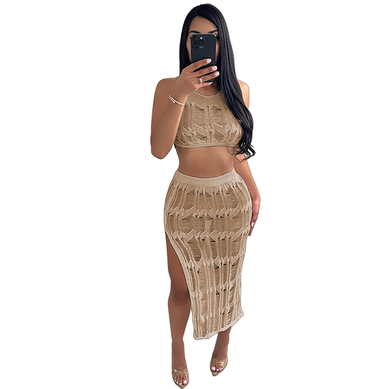 Casual Women Knit Ribbed Two Piece Set Hollow Out Solid Color Split Out Tracksuit Clothes For Women Outfit