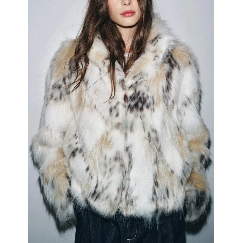 معطف نسائي جديد للخريف بأكمام طويلة وياقة، بتأثير الفرو الصناعي، بحافة مستقيمة، ملابس خارجية أنيقة، تصميم فضفاض وقصير