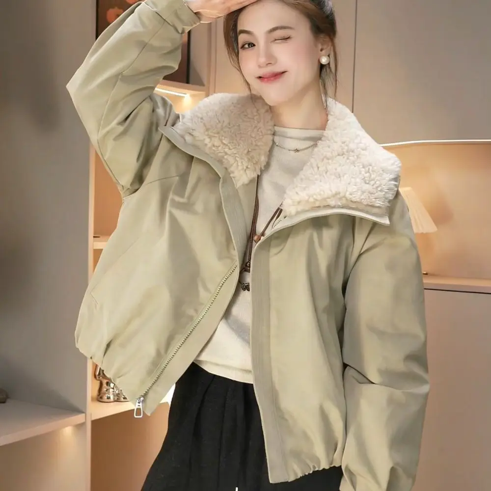 Womens Short Faux Lambswool Lapel Utility Jacket Thickened Cotton Padded Coat Casual Loose Fit Winter Warm Outerwear Brown
