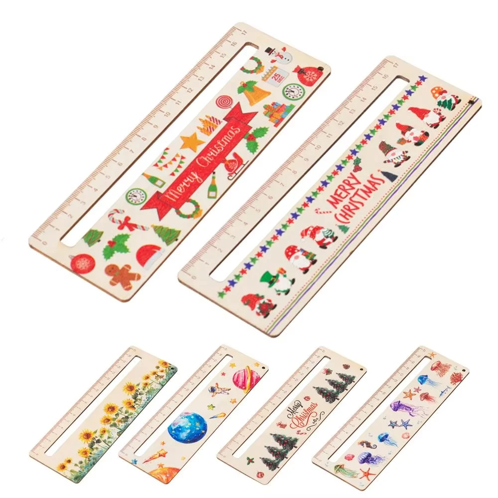6pcs/set Wooden Measuring Ruler Printed Patterns Cartoon Rulers Innovative Measuring Tool For Kids School Supplies