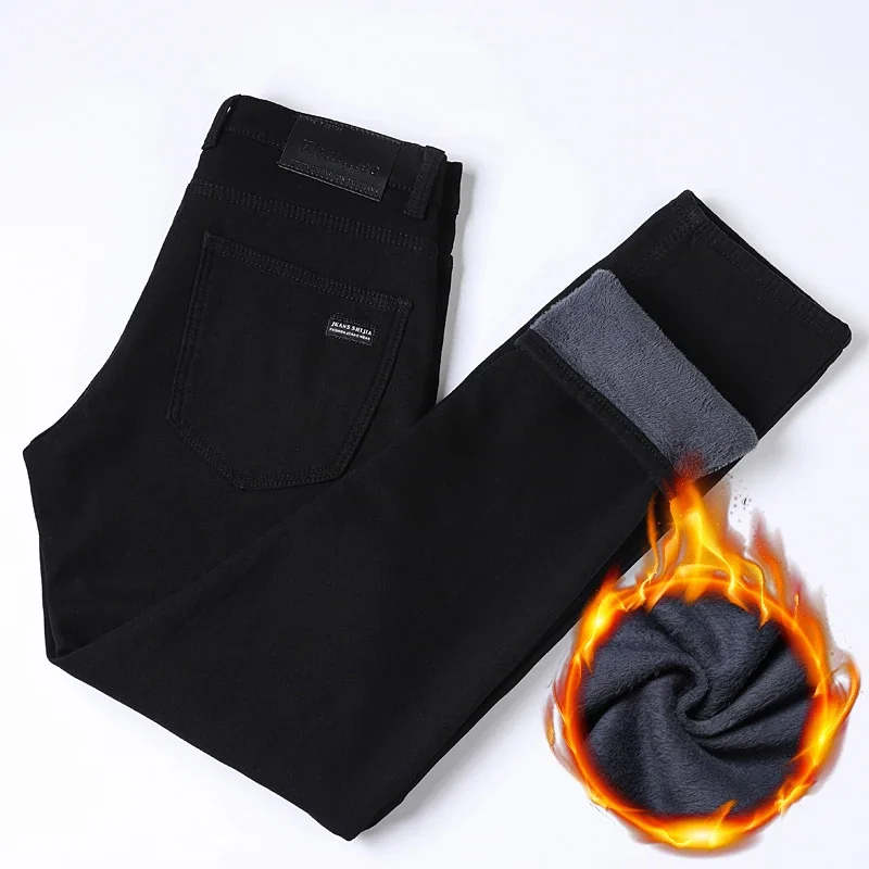 Pantalones vaqueros de lana de invierno para hombre, pantalones vaqueros informales de negocios cálidos de pierna recta de terciopelo clásico, pantalones de trabajo negros a la moda