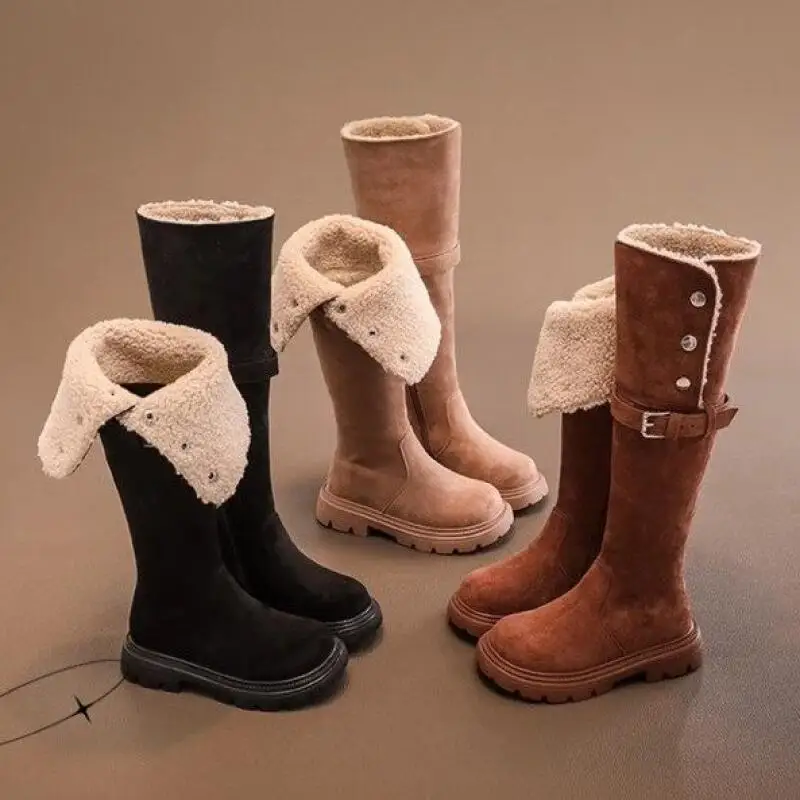 

Girl Thicken Long Boots Winter Anti-Slippery Keep Warm Fleece-Lined Cotton Shoes Thick Sole Child Kawaii Fashion New Style Shoe