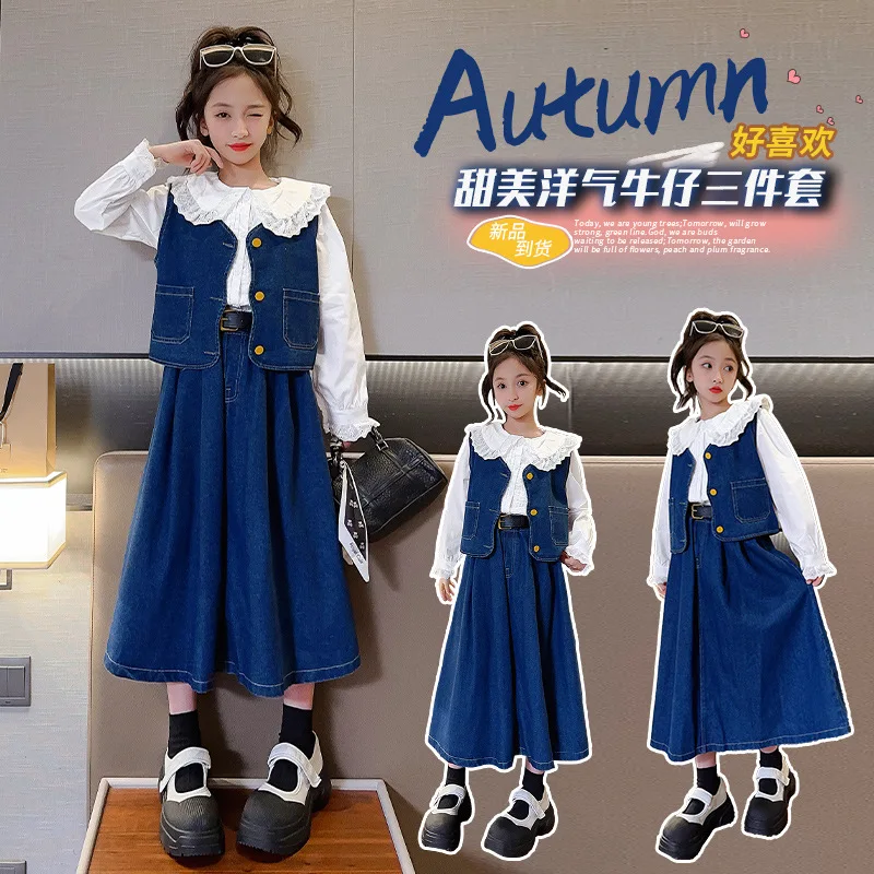 

autumn teen Girls Denim clothes Set cotton white shirt+vest+skirt+belt 4pcs 4-15 kid suit Childrer outfit roupas infantis menina