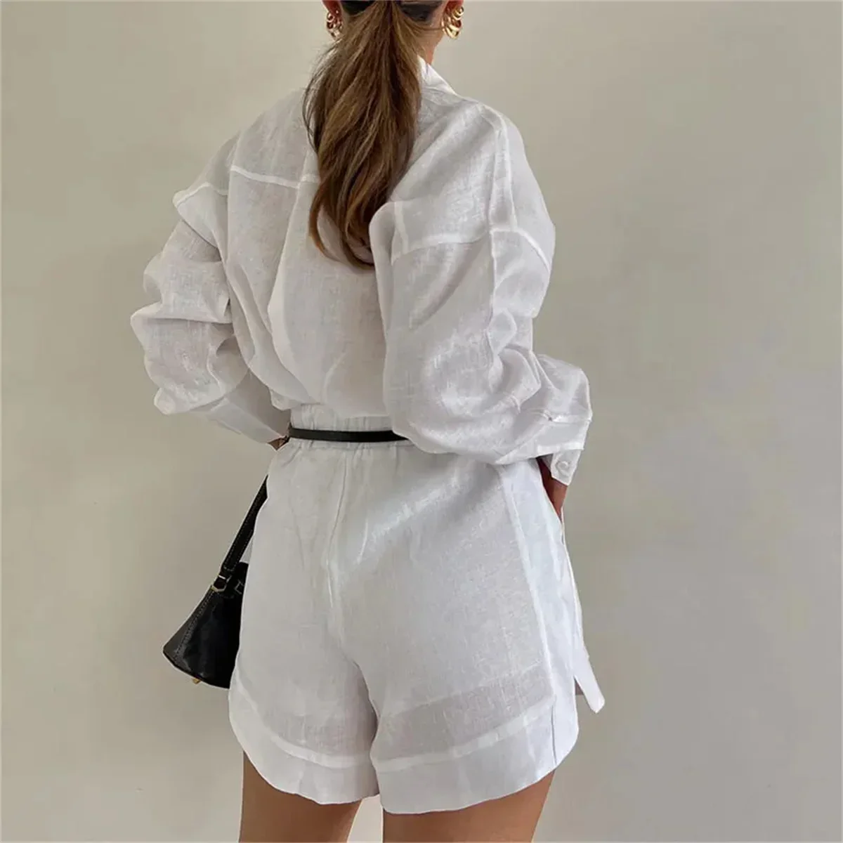 2024 Long-sleeved Shirt Loose Cotton Linen Shirt High-waisted Shorts Summer Suit