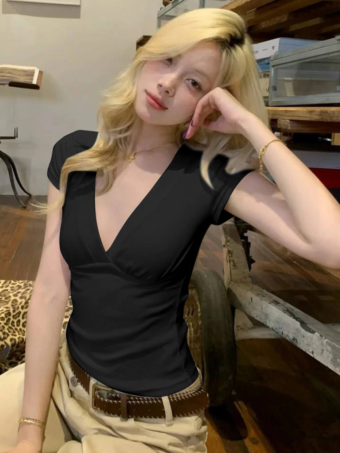 Dulzura Women'S Solid Sexy V-Neck Short Sleeve Slim T-Shirt Casual Versatile Y2K Top Party Vacation Street Style Summer Clothes