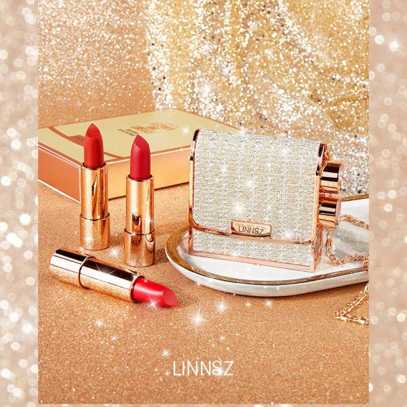 Set di rossetti opachi 3 colori con borsa a catena argentata, impermeabile, antiaderente, a lunga durata, rosso 3,5 gx 3 pezzi