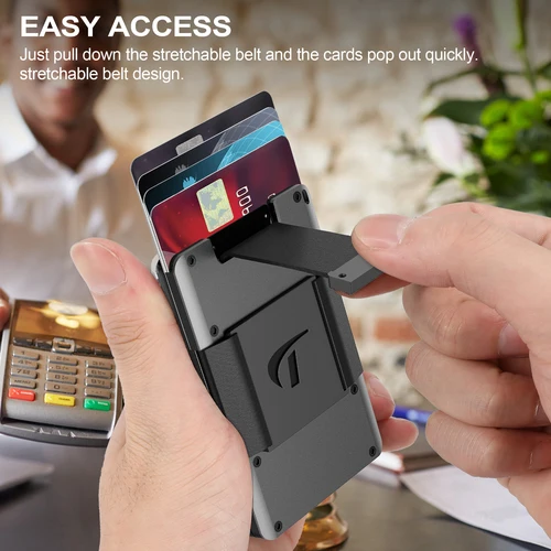 Imagen 2 del producto Cartera minimalista para hombre, billetera de metal con cinturón elástico delgado de aluminio, capacidad para 15 tarjetas con correa para efectivo, tarjetero