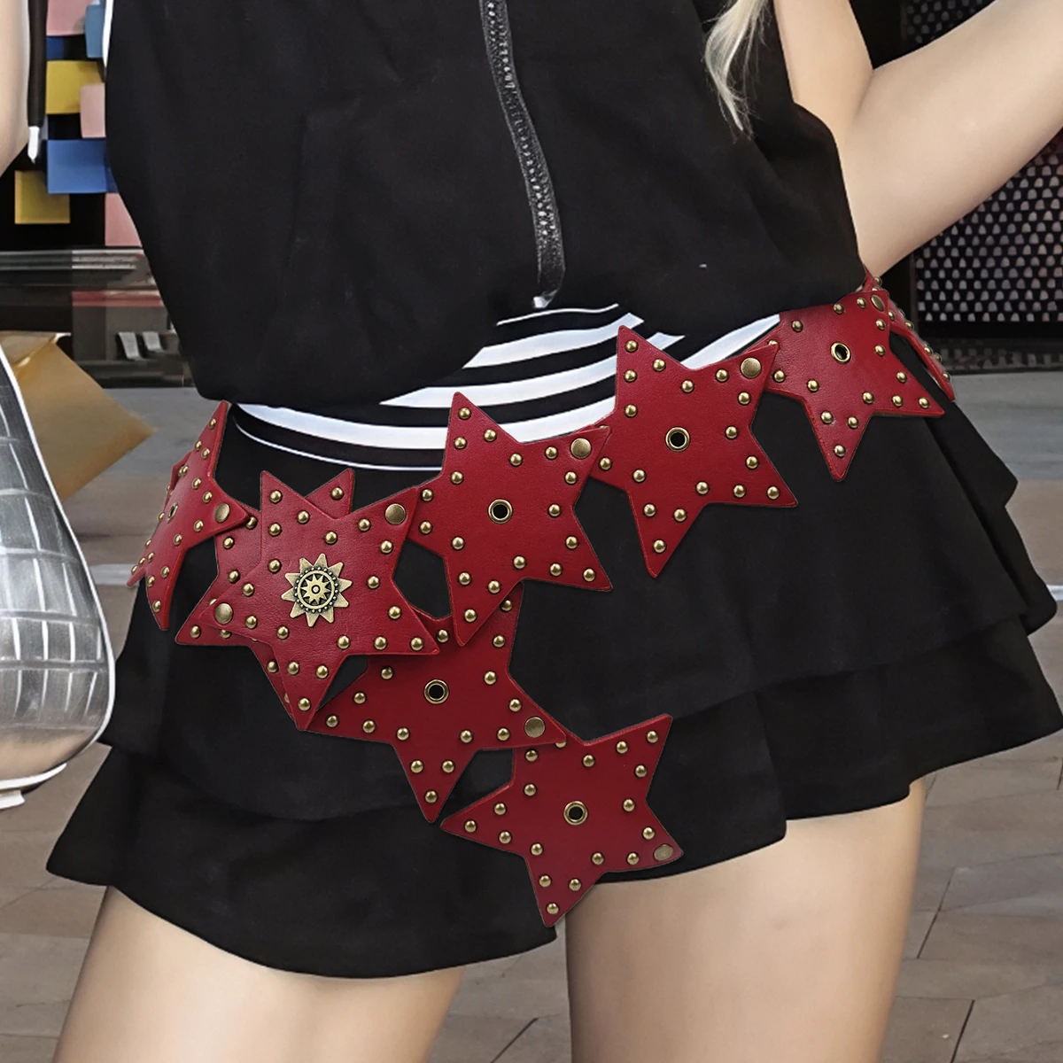 Western cowboy punk wide belt, retro street decoration Y2K Spice Girl five-pointed star patchwork belt, Encore red