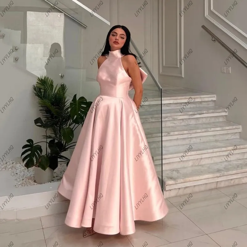 Exquisitos Vestidos de Noche de línea A de cuello alto rosa con lazo en la espalda, vestido elegante hasta el suelo de princesa árabe, vestido de fiesta de boda, vestido de Graduación