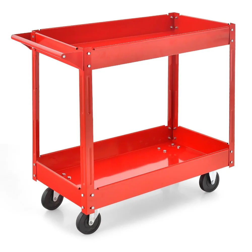 

2-Tier Utility Cart Heavy-Duty Metal Frame Service Tool Cart w/ Handle Garage