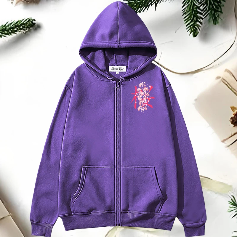 

Japanese Cherry Blossom Letter Petals Print Women Zipper Hoodie Polyester Pocket Loose Thin Spring Autumn Sports Leisure Sweater