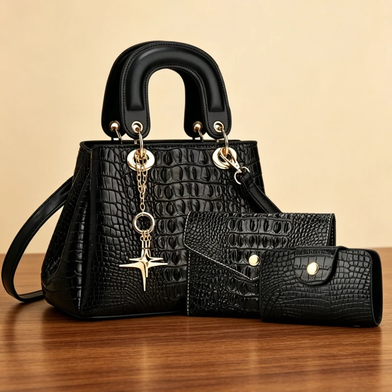 3-piece women's bag set, compact and lightweight crocodile-embossed square handbag, stylish versatile shoulder