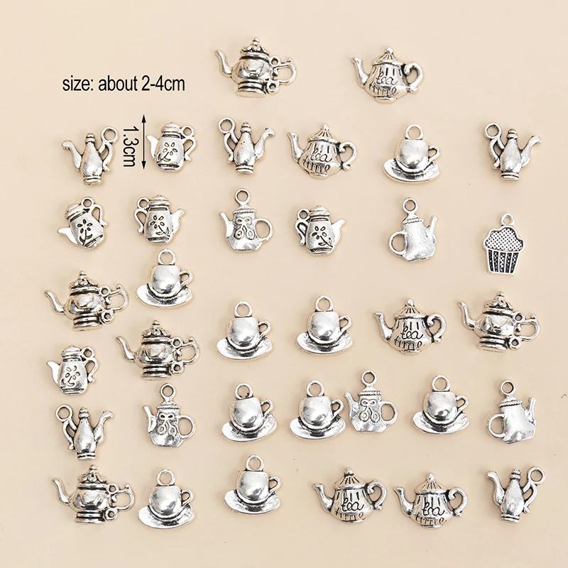 New 35pcs/lot Mixed Tibetan Silver Color Cup Teapot Charms Pendants DIY Handmade Crafts Bracelet for Jewelry Making Accessories