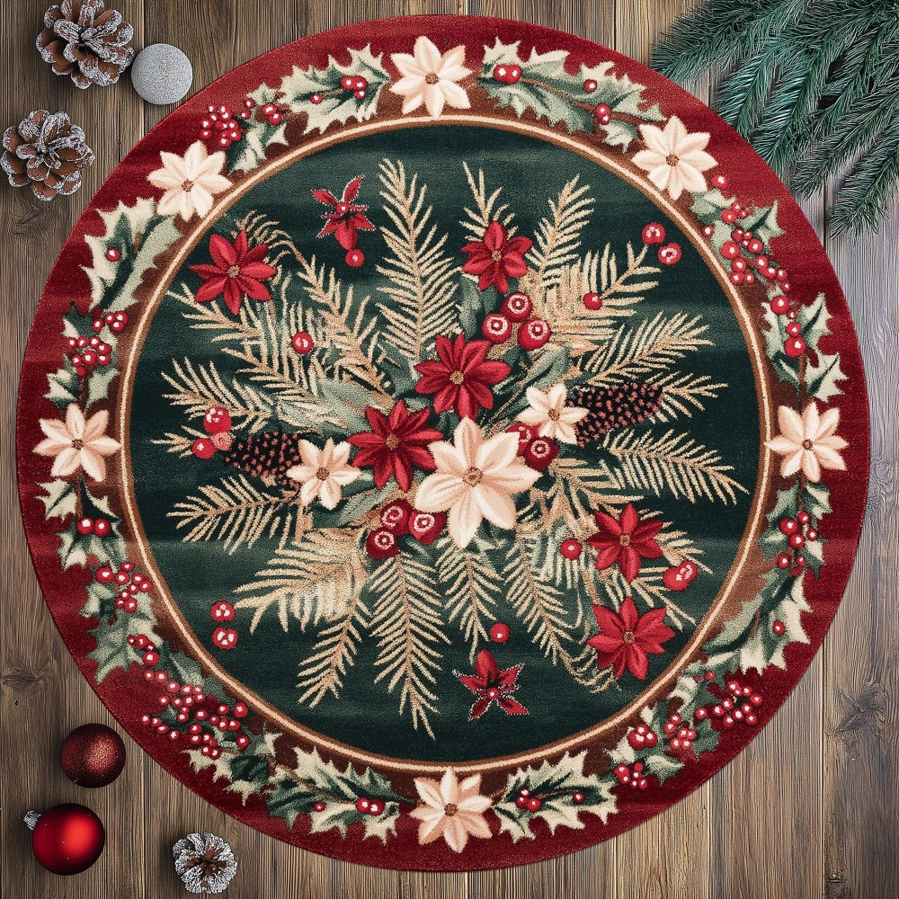 Traditional Xmas Poinsettia Round Carpet Pine Needle Holly Berry Print Area Mat Elegant Home Entryway Welcome Floor Rug
