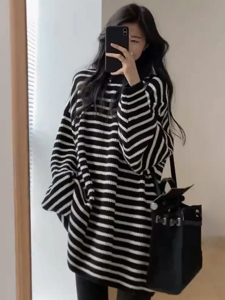 

Jastie осенний Новый однотонный вязаный свитер Свободный Повседневный длинный рукав средней длины в полоску Женский Топ Модный свитер с круглым вырезом