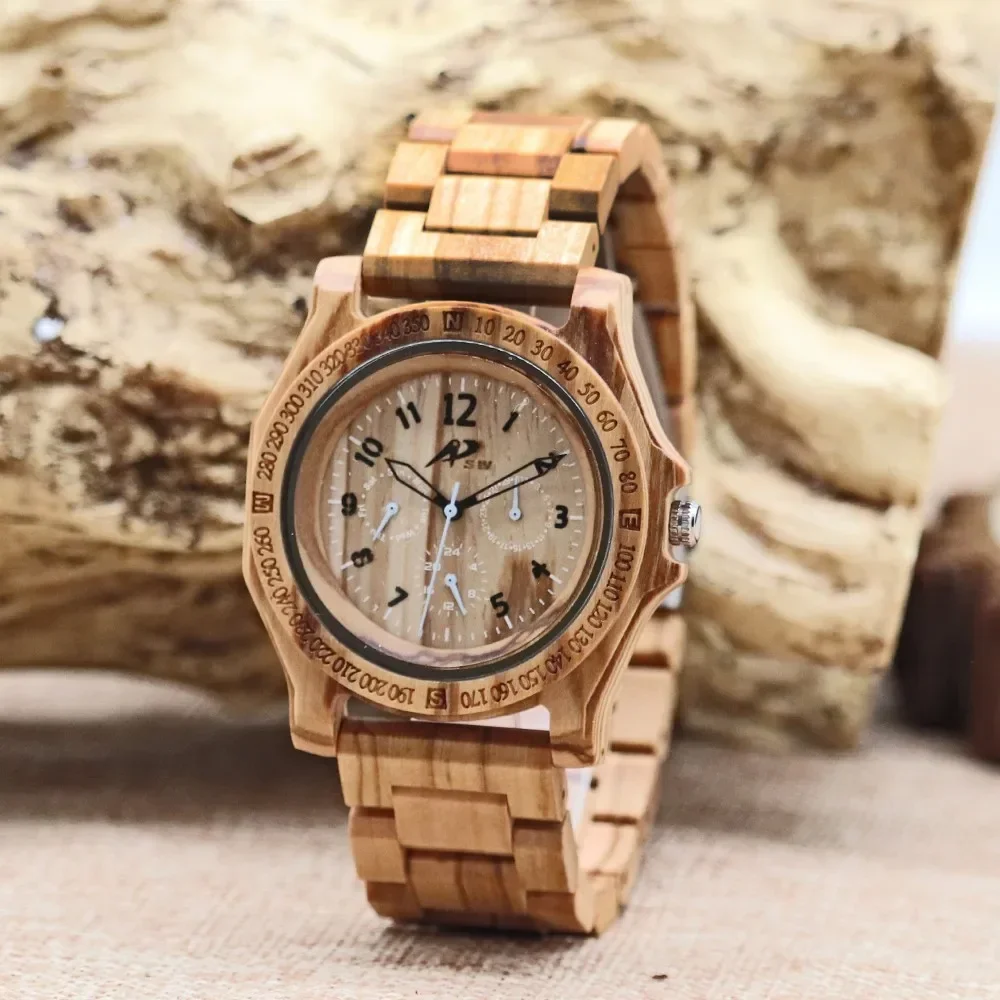 Watches 6P29 Quartz Eco Friendly Wood Custom Logo 50 Moq Men Oem Olive Wood Analog Wooden 44mm