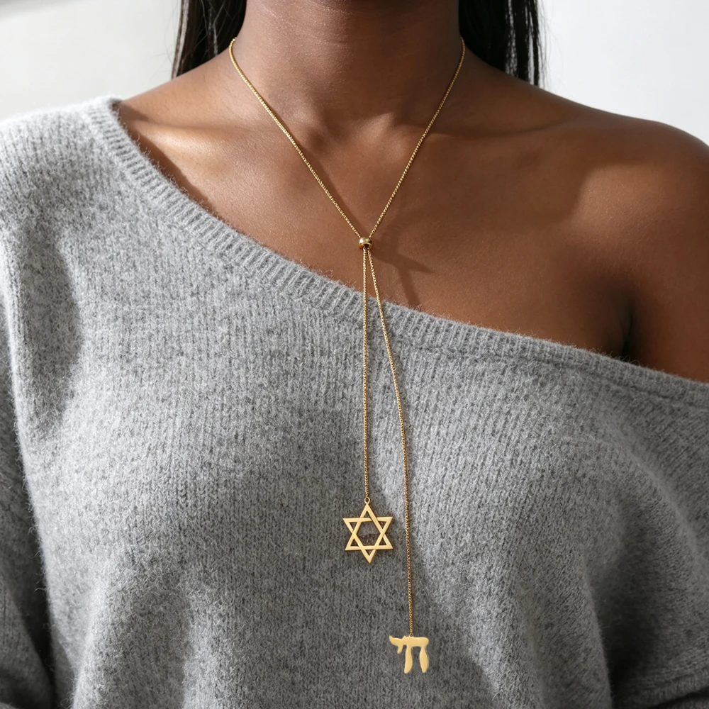 Dawapara Star of David and Jewish Hebrew Chai Pendant Long Necklace Sweater Chain Hexagram Judaism Stainless Steel Jewelry