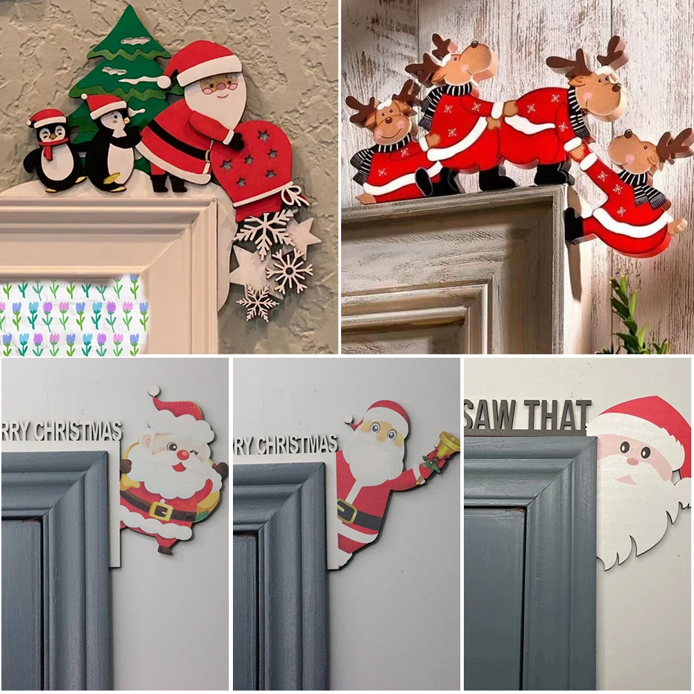 Christmas Door Frame Decoration Santa Claus Wooden Christmas Decorations Happy New Year Door Frame Trim Wood Xmas Decor